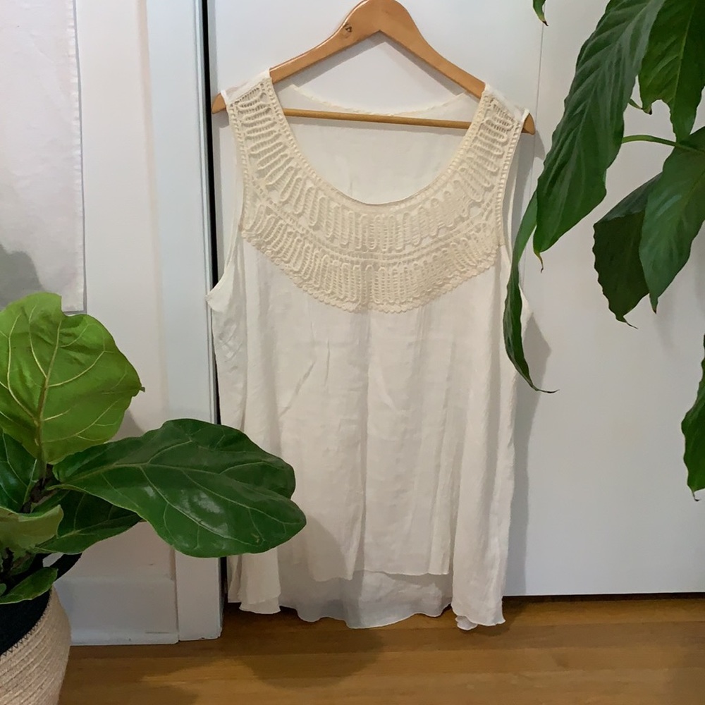Delicate silky plus sized tank with lace detail